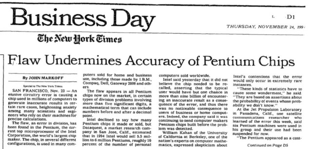 Screenshot of a New York Times article in the front of the business section titled "Flaw Undermines Accuracy of Pentium Chips."