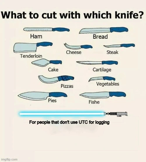 Image of a variety of knives all labeled with a different type of material they are designed for cutting like Ham, Bread, Cheese, etc.

At the bottom of the image is a light saber labeled "For people that don't use UTC for logging"