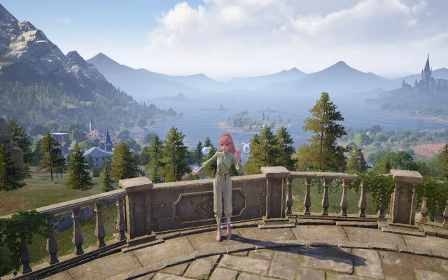 A screenshot from Infinity Nikki. PC is standing in front of a vista waving at the camera.