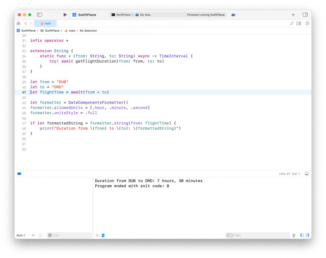 A screenshot of xcode showing how "DUB" ✈ "ORD" evals to 7:30h.