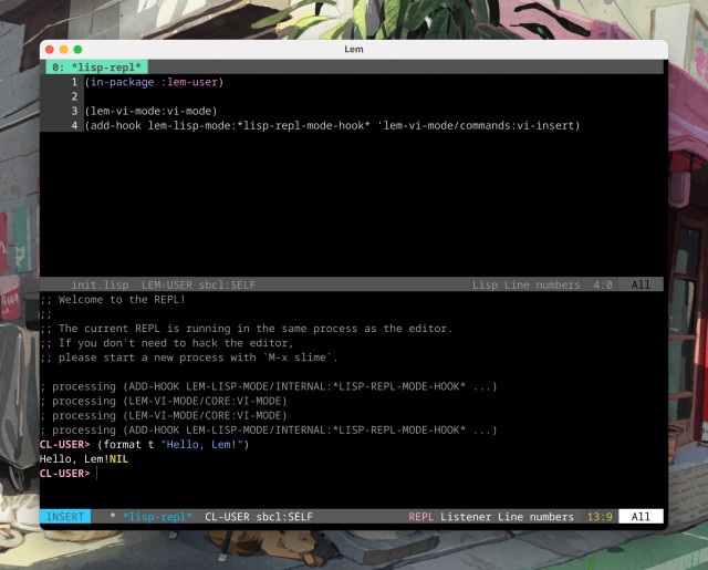 A screenshot of the Lem editor, with the configuration file opened in the top split, and a Common Lisp REPL in the bottom split.