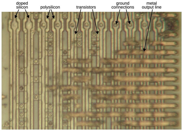 A closeup of the AND plane on the right side of the PLA. I partially removed the bottom metal layer, so horizontal metal lines are visible in regions. The circuit is arranged at a grid with transistors at some points but not others.