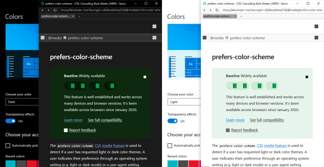 servoshell in dark mode (left) and light mode (right), rendering the MDN article for ‘prefers-color-scheme’ in that mode, when Windows is set to that mode