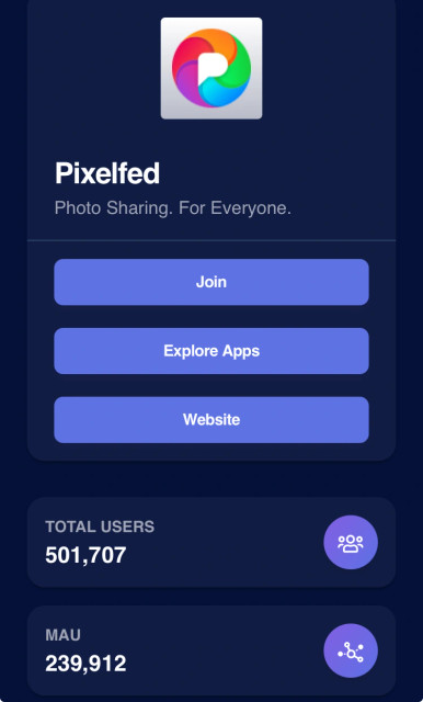 Pixelfed screenshot showing 501,707 accoounts