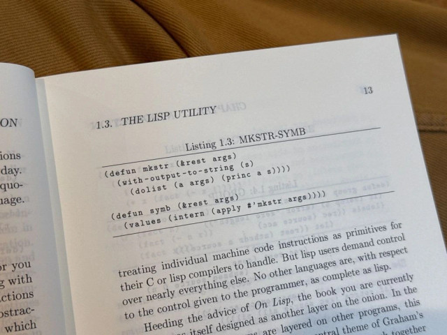 A page from “Let Over Lambda”, showing the listing for the mkstr and symb functions