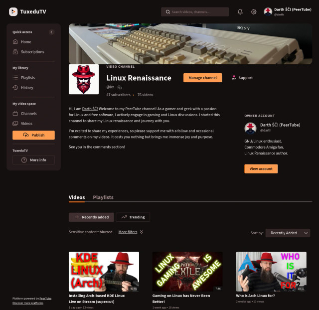 A screenshot of a PeerTube video channel titled "Linux Renaissance," featuring a user profile with 47 subscribers and 76 videos. The channel focuses on Linux discussions and gaming content, with a prominent image of Amiga 1200 and video thumbnails related to Linux.