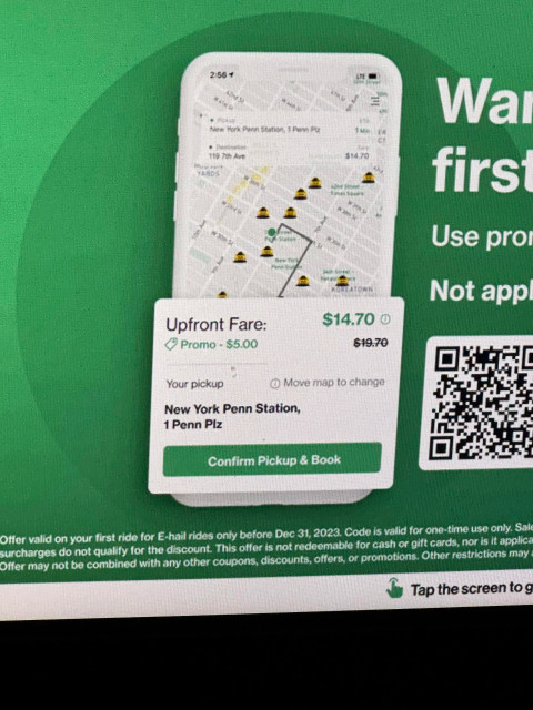 a curb taxi ad showing someone going to 119 7th ave from penn station