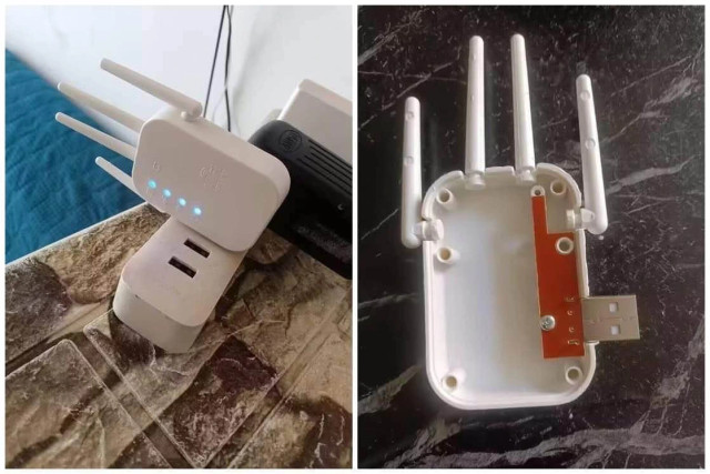 A "wifi range extender". 
Two photos:
The first photo shows the range extender plugged into a usb power outlet. It shows three white LEDs, and it has a bunch of antennas sticking out of it.

The second photo shows the insides. Inside, it's just a tiny PCB with some LED lights. The 'antennas' are made of plastic and are not even connected to the PCB. We can assume that the PCB is just some LEDs, and that this thing does absolutely nothing for your wifi.