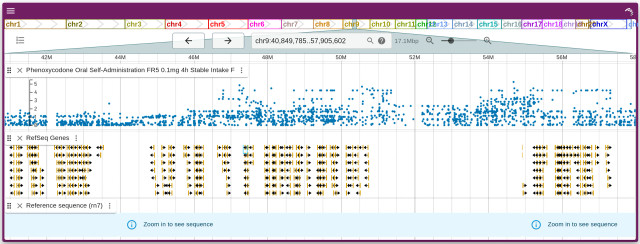 A srceenshot showing an interface with 3 tracks: one is not yet rendered, one is for genes and one for GWAS. chr9 is zoommed in and GWAS have much more distinguishable points.