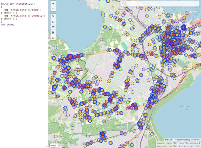 Overpass Turbo result for Tallinn for shops and amenities with a check_date tag. It says it found 3201 points and 571 polygons.