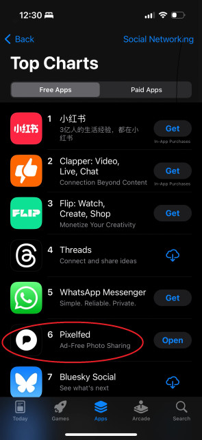 The image is a screenshot of the "Top Charts" section in the App Store, specifically under the "Social Networking" category. 

1. 小红书 (Xiaohongshu) with a description in Chinese and a "Get" button indicating in-app purchases.

6. Pixelfed with the tagline "Ad-Free Photo Sharing" and an "Open" button. This app is circled in red, drawing attention to it.