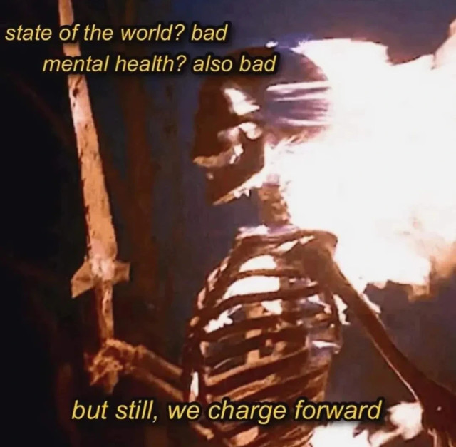 A burning skeleton holding a sword.

state of the world? bad
mental health? also bad

but still, we charge forward