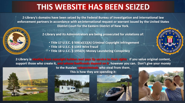 A screenshot of Z-Lib.org showing a “THIS WEBSITE HAS BEEN SEIZED” page by the FBI. The page shows a multitude of pictures showing nice holiday locations, a rainbow, a family picture...