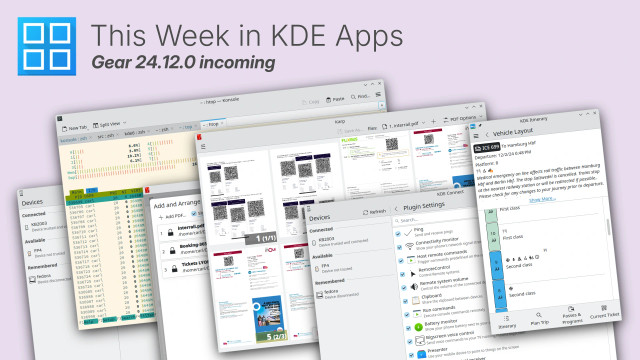 A composite of screenshots from KDE apps, including: KDE Connect, Konsole, Itinerary, Karp, KDE Connect (again) and Itinerary (again).

