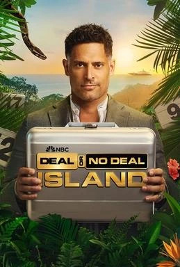 Poster for NBC Deal or No Deal Island. A man holds a suitcase in a tropical island setting.