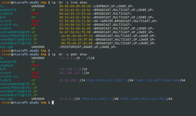 “ip -br -c addr show” Linux command outputs is colorize and print all IP addresses and interfaces on Linux in a tabular format for better readability