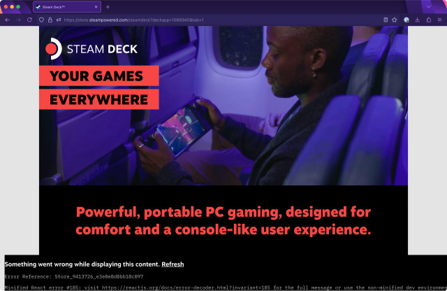 steamdeck website with javascript error stacktrace