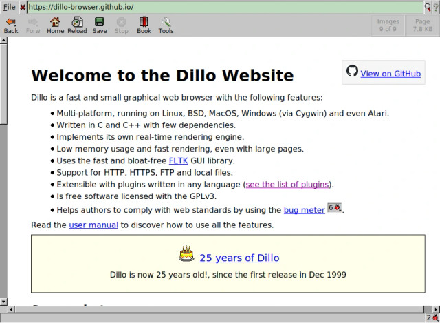 Dillo website with the 25 year anniversary notice.