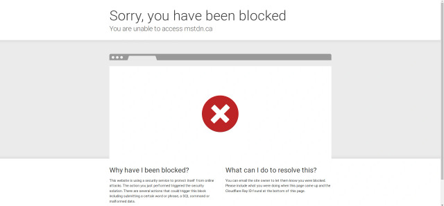 Cloudflare "You have been blocked" page for the mstdn.ca Mastodon instance.