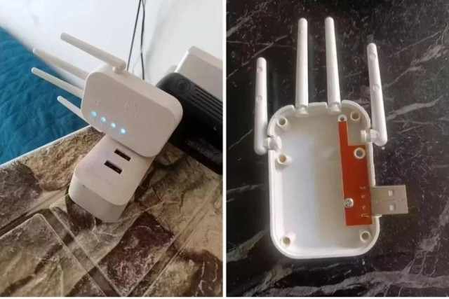 The image shows a device that looks like a router with antennas, but the disassembled casing on the right reveals that there is almost nothing inside except for a small circuit board and a USB connector