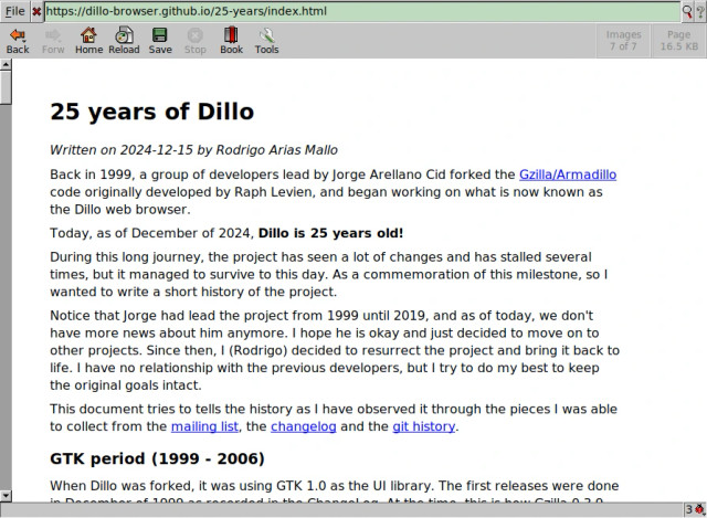 A snapshot of the the 25 years page on Dillo itself.