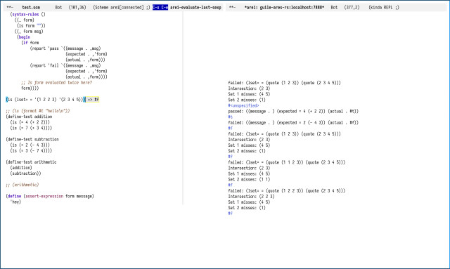 A screenshot of emacs showing the test case failed result differently for equality comparison and lset= predicate