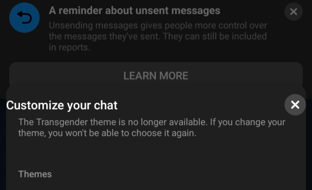 Facebook Messenger interface saying: The Transgender theme is no longer available. If you change your theme, you won't be able to choose it again.