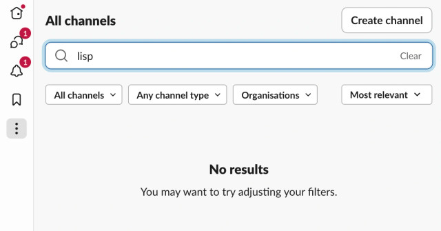 A screenshot of the Slack channel search: searching for "lisp" and coming up with no results 🥲