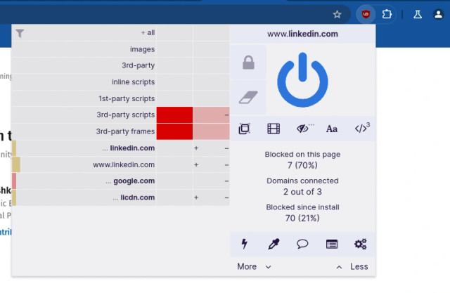 Screenshot of uBlock Origin doing blocks in Ungoogled Chromium on the example of linkedin.com