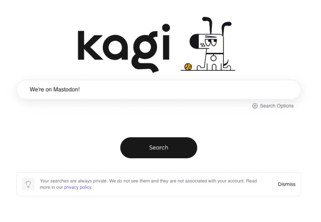 Screenshot of Kagi homepage with the text &quot;we&#39;re on Mastodon!&quot; in the search field