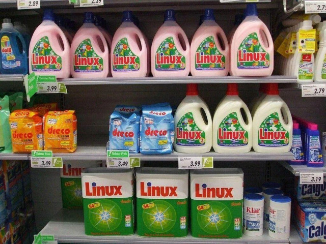 There are many shelves that are stocked with a detergent brand called Linux.