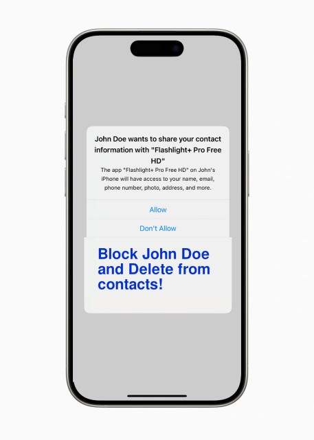 edited picture. prompt in a smartphone screen for asking permission. first option is "allow". second option is "don't allow". third is much bigger than other two, it says "Block John Doe and Delete from contacts!".
