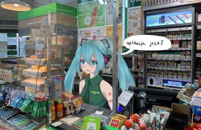 Hatsune Miku as cashier in Zabka store asking: aplikacja jest?