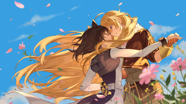 2girls, absurdres, animal ears, arm around waist, black hair, blonde hair, blue sky, cat ears, cat girl, couple, day, eye contact, fingerless gloves, flower, fur collar, fur trim, gloves, highres, holding hands, jacket, long hair, looking at another, mechanical arms, multiple girls, outdoors, petals, single mechanical arm, sky, smile, very long hair, yuri