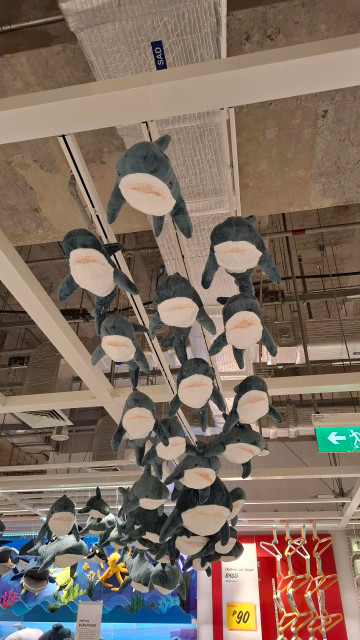 A school of IKEA BLÅHAJ (55 cm) attached to a ceiling rail. There are over 20 of them.