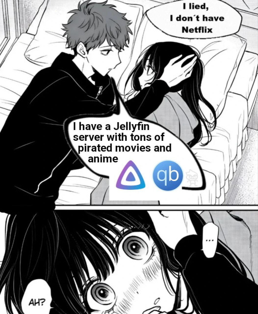 a boy and a girl are lying on the bed, the boy pets the girl and says "I lied, I don't have Netflix. I have a Jellyfin server with tons of pirated movies and anime". the girl looks at him with big eyes and says "ah?"