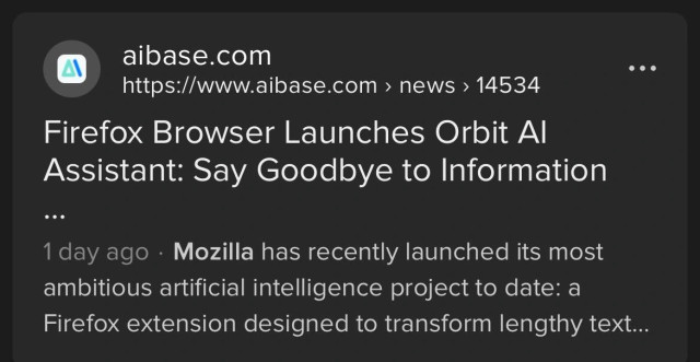 Search result title: “Firefox Browser Launches Orbit AI Assistant: Say Goodbye to Information…”