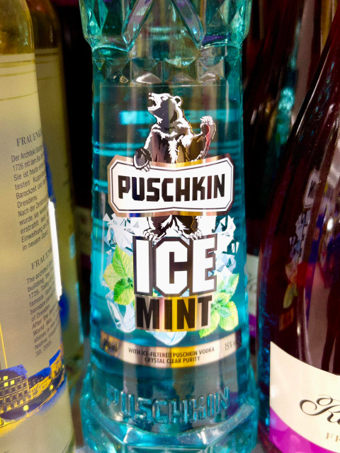 Bottle of Pushkin alcoholic drink with a picture of a bear and titled: Ice Mint