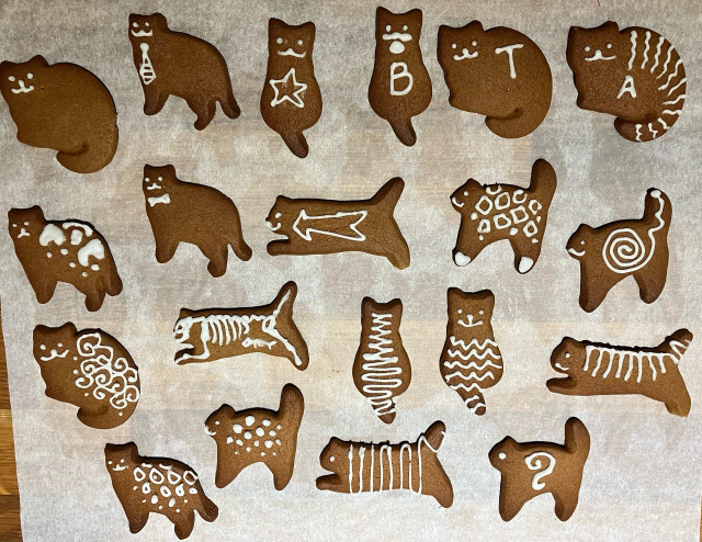 Photo of various cat shaped gingerbread cookies on a piece of baking parchment. They have been decorated with white icing in random patterns. Three with the initials of our past cats. One has been decorated to look like a cat x-Ray, the cat having eaten a fish…of course it has.