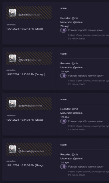 four reports from me to alive.bar for accounts with random character usernames and identical profile pictures