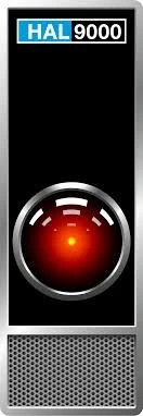 From the movie "2001: A space odyssey" a red-lensed "eye" surrounded by brushed metal on a black background, with the "HAL9000" badge at the top. 