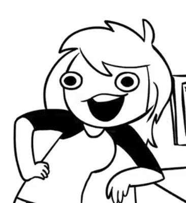 screenshot from the animation "just buy a new one" by noodle, a woman making a strained happy face