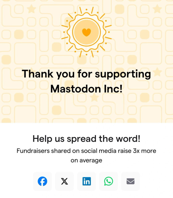 The donation site offers to share a message to different social media platforms, but not to Mastodon. 