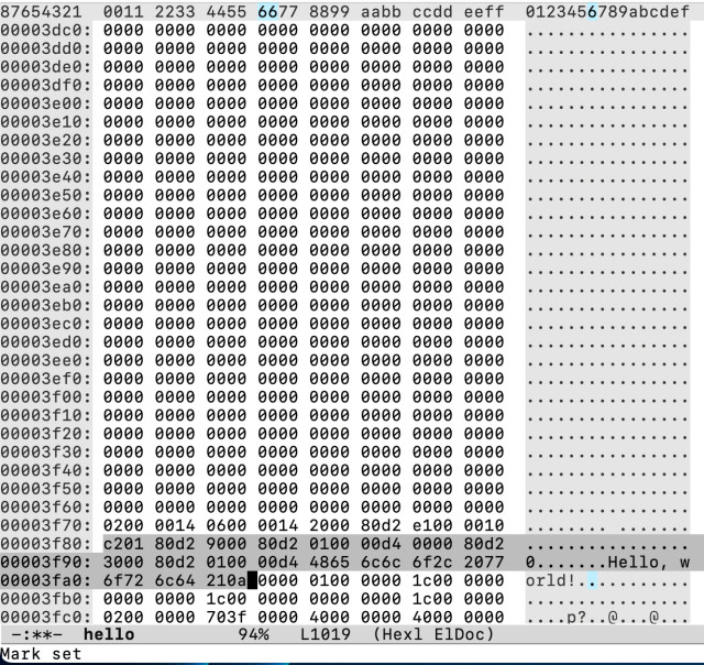 Hex dump of a macos progam that prints Hello world on a screen. It's mostly zeroes.