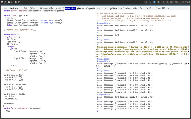 Emacs frame with two buffers: left one contains the implementation of scheme unit testing framework, the right one contains the output of a reporter and evaluated values.