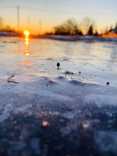 Ground level shot of the sunrise above a big patch of ice. With the reflection, the sun appears to be pouring molten golden liquid into the ice. 