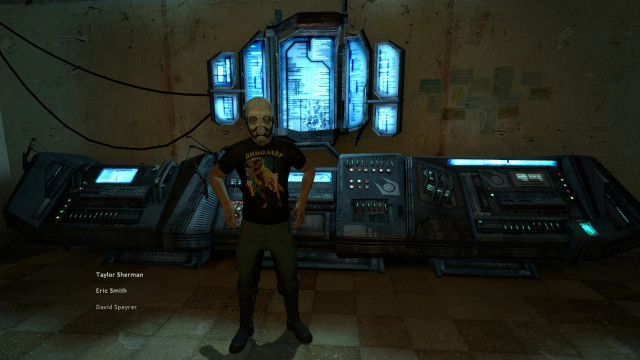 Screenshot from Half-Life 2 intro, where Barney says that owes Freeman a beer.

Barney is modded to wear "Pivozavr" T-shirt here