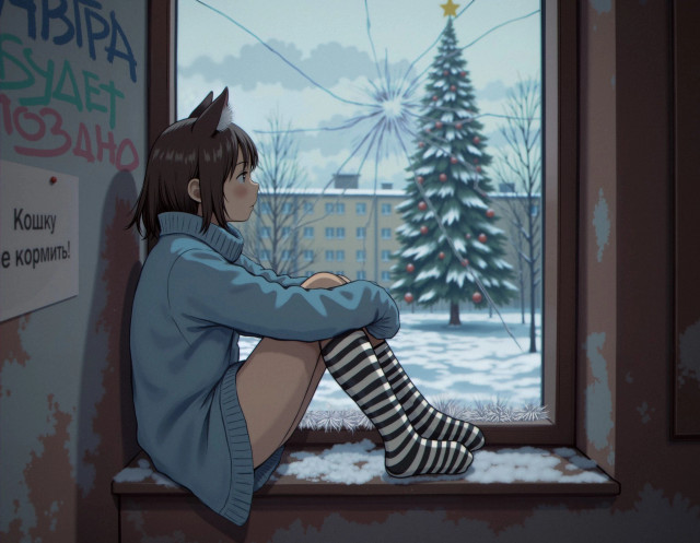 Catgirl sits close to the window in post-soviet building. There's a piece of paper on the wall with text in Russian "don't deed the cat"