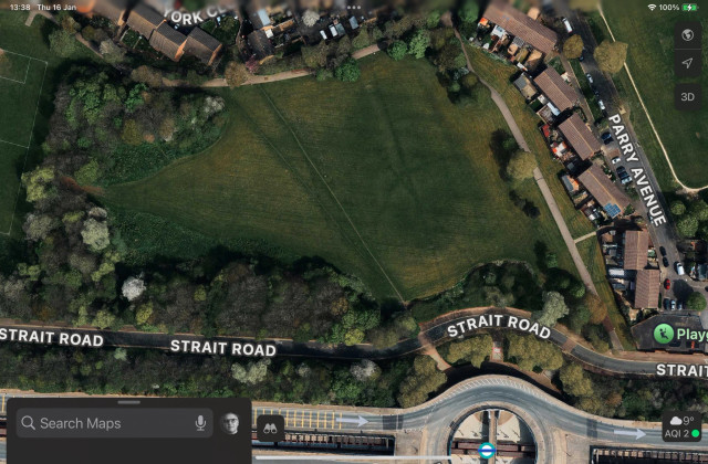 Beckton Park, a screenshot of the Apple Maps idea of it, which is now a year or so out of date, showing the twin desire path across it which renewed itself each year