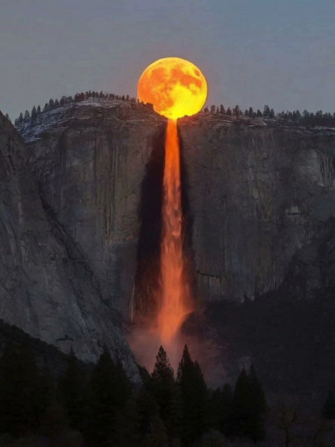 Yosemite National Park. Moon bleeding into water.